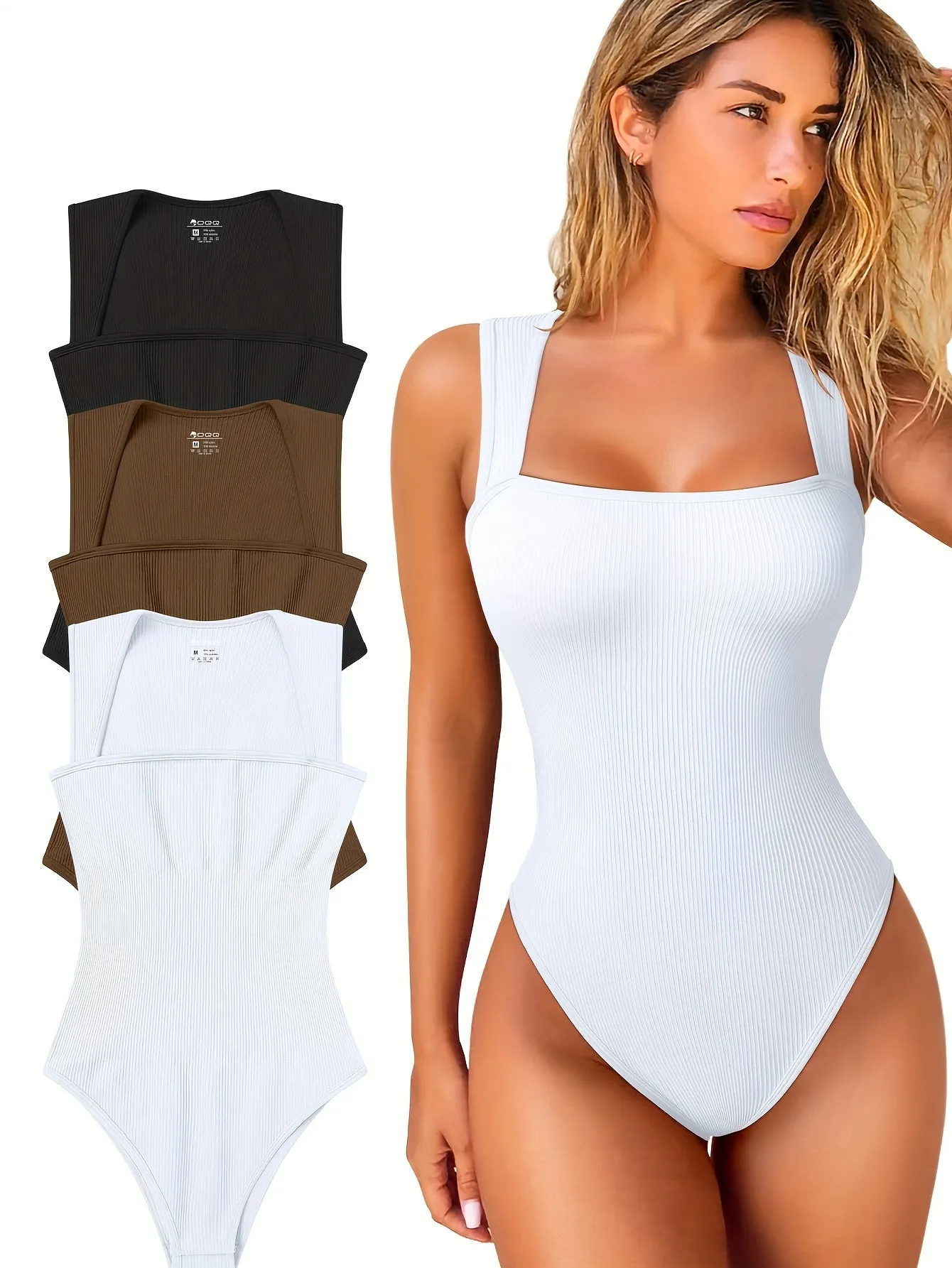 3 Pcs Bodysuits For Women Sexy Ribbed Strappy Square Neck Stretch Tank Tops Bodysuits