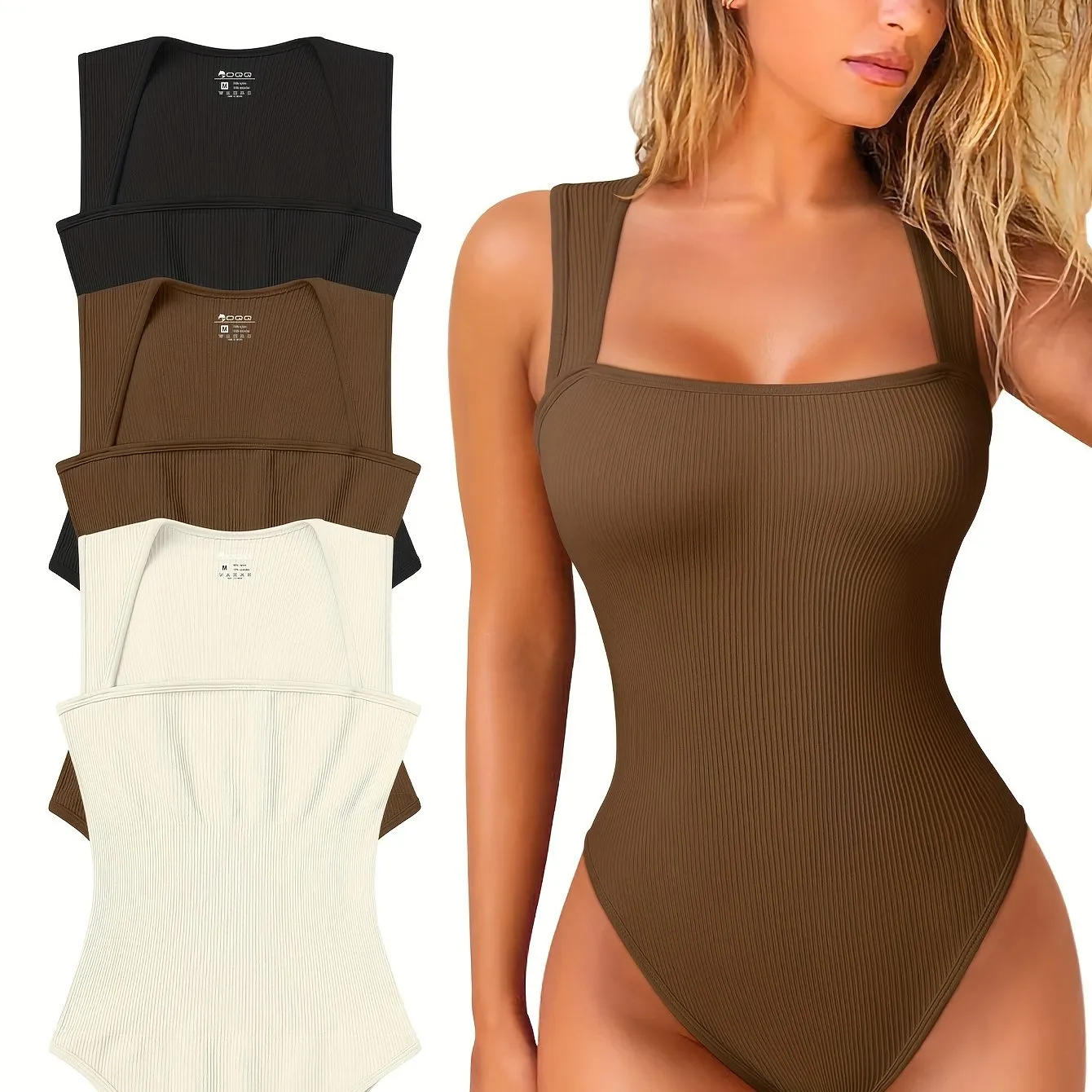 3 Pcs Bodysuits For Women Sexy Ribbed Strappy Square Neck Stretch Tank Tops Bodysuits