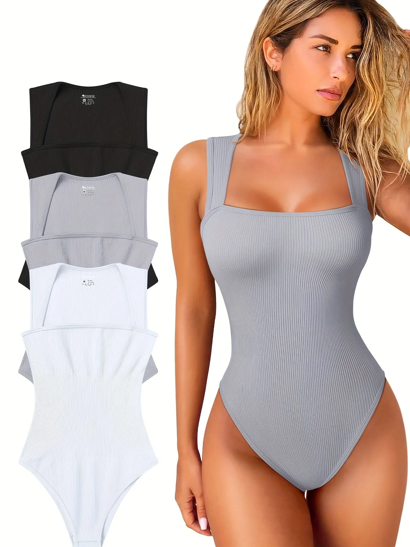 3 Pcs Bodysuits For Women Sexy Ribbed Strappy Square Neck Stretch Tank Tops Bodysuits