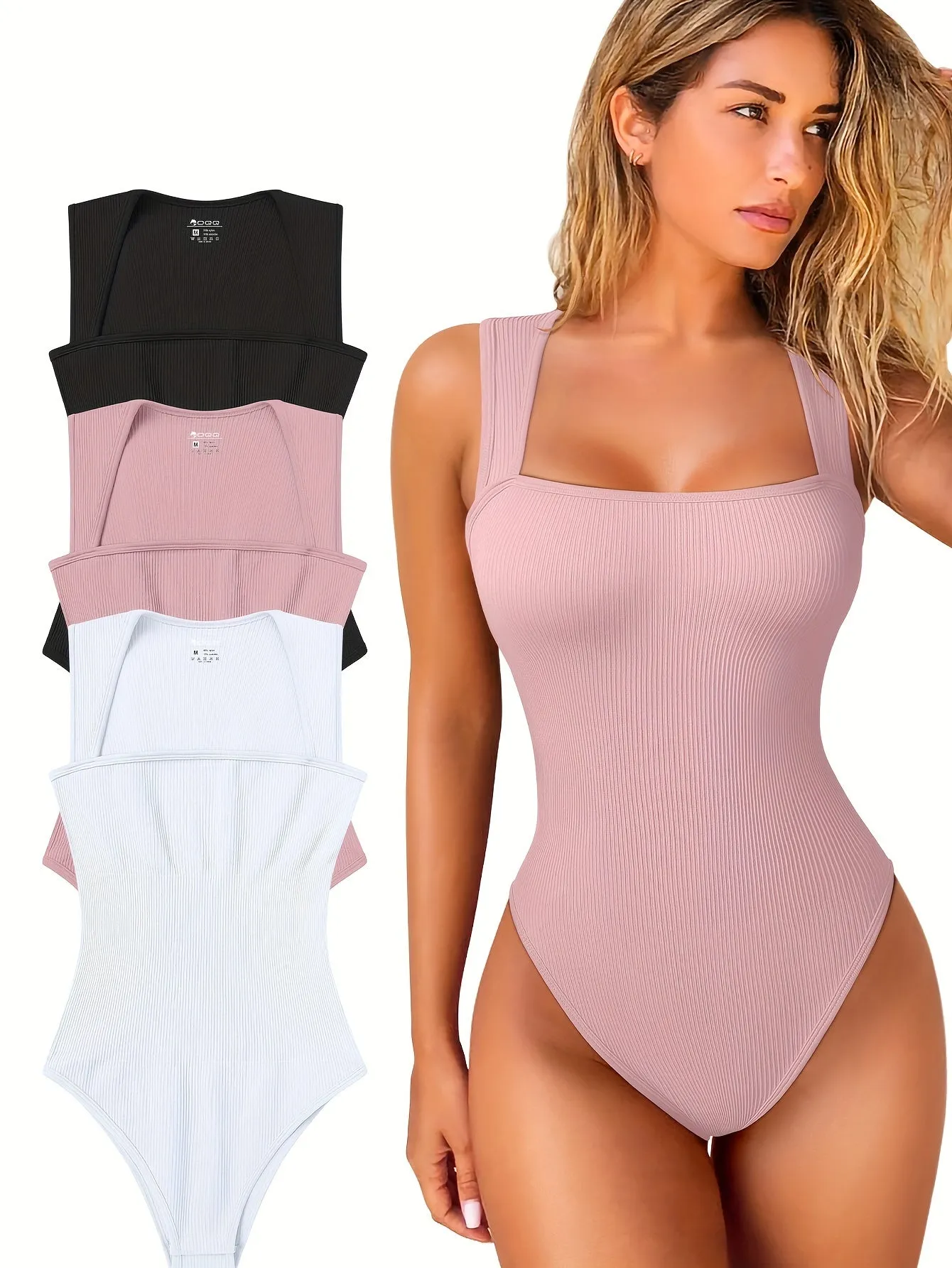 3 Pcs Bodysuits For Women Sexy Ribbed Strappy Square Neck Stretch Tank Tops Bodysuits