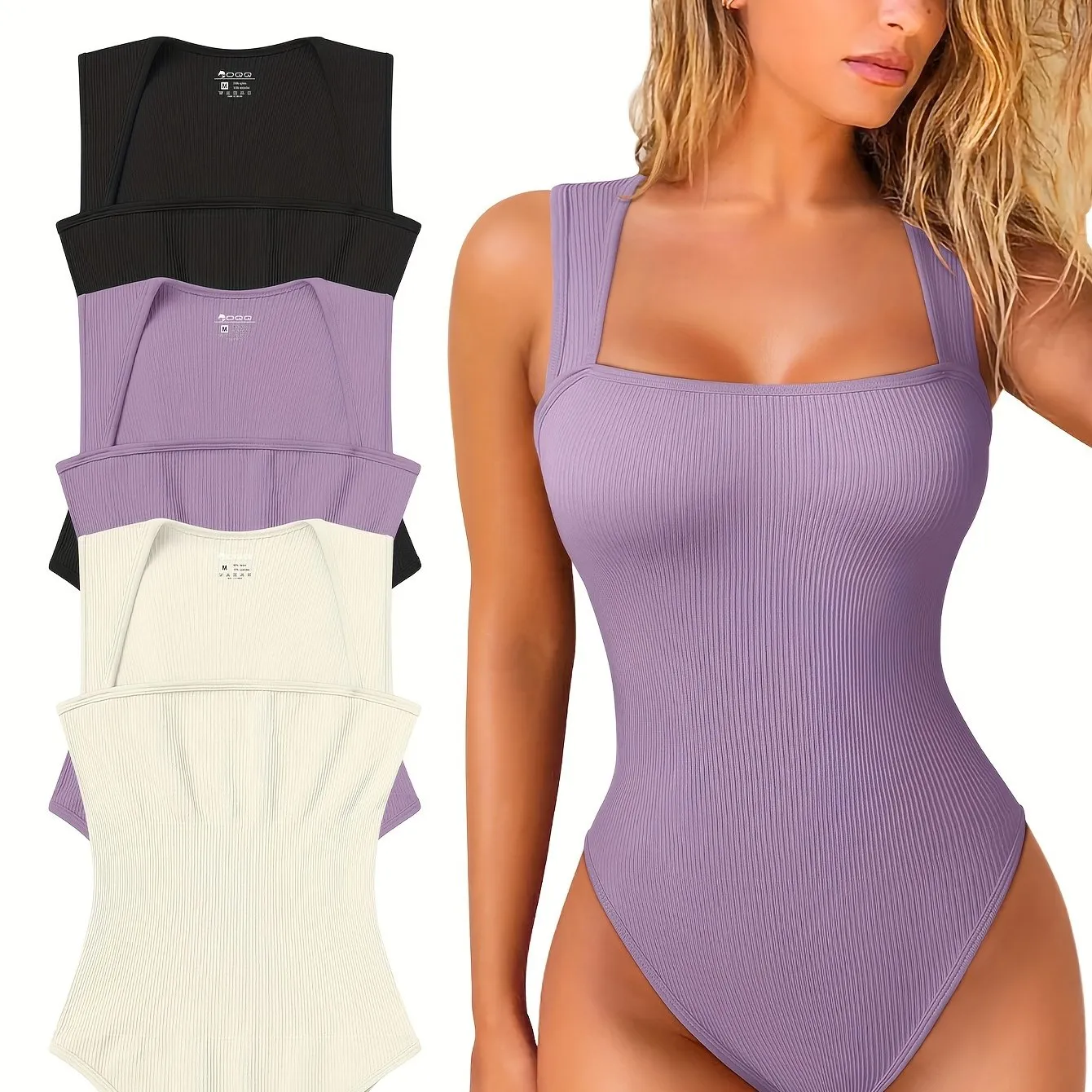 3 Pcs Bodysuits For Women Sexy Ribbed Strappy Square Neck Stretch Tank Tops Bodysuits