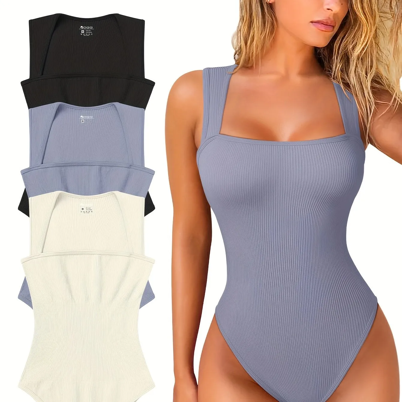 3 Pcs Bodysuits For Women Sexy Ribbed Strappy Square Neck Stretch Tank Tops Bodysuits