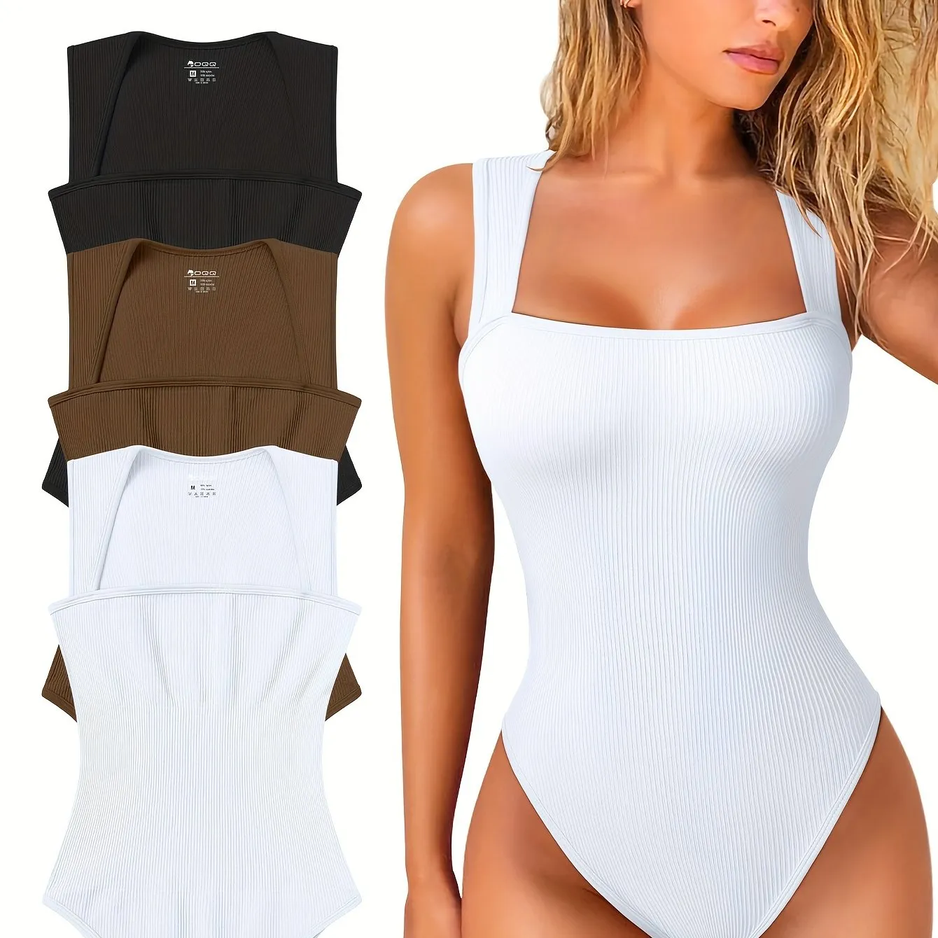 3 Pcs Bodysuits For Women Sexy Ribbed Strappy Square Neck Stretch Tank Tops Bodysuits