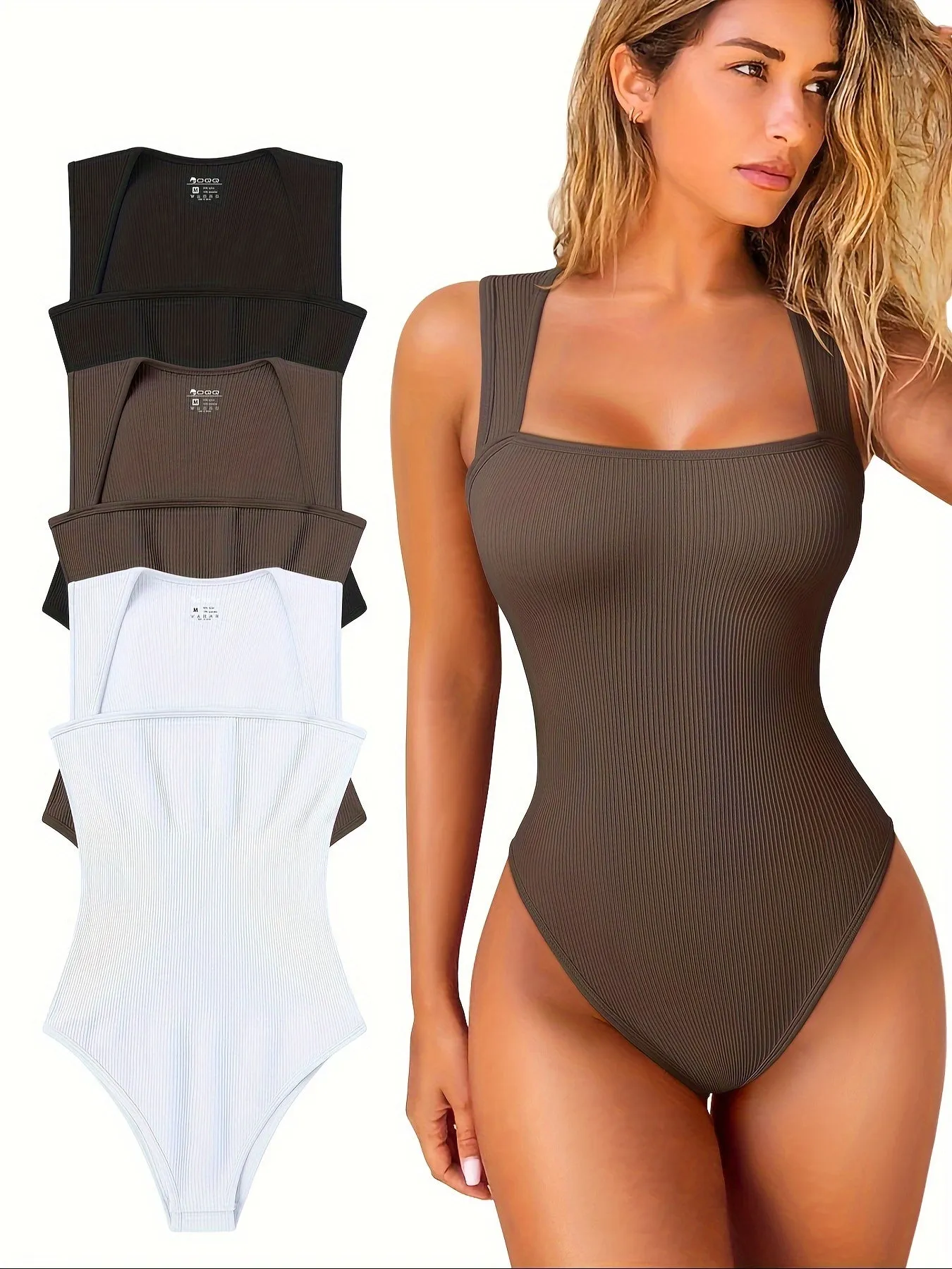 3 Pcs Bodysuits For Women Sexy Ribbed Strappy Square Neck Stretch Tank Tops Bodysuits