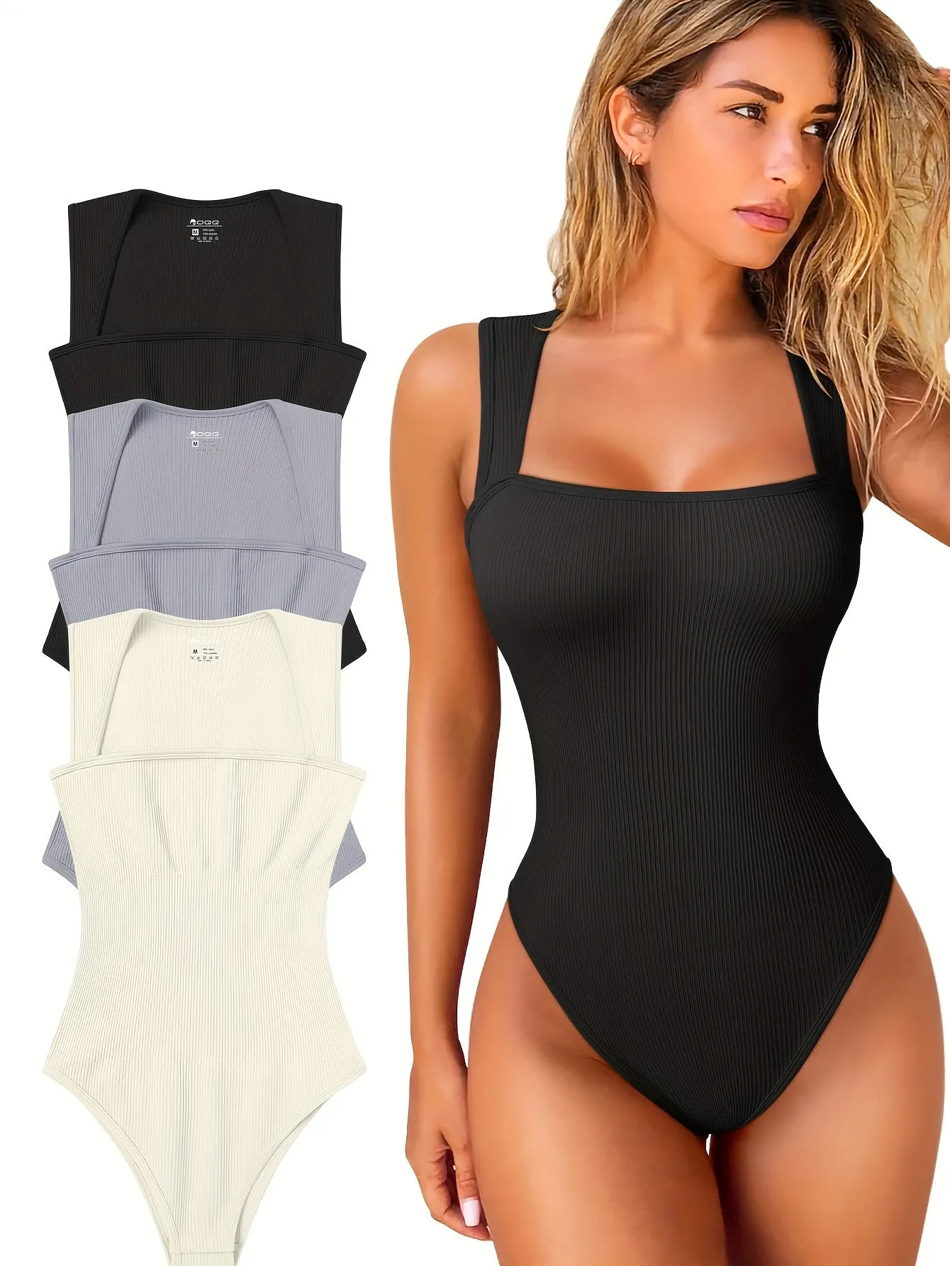 3 Pcs Bodysuits For Women Sexy Ribbed Strappy Square Neck Stretch Tank Tops Bodysuits