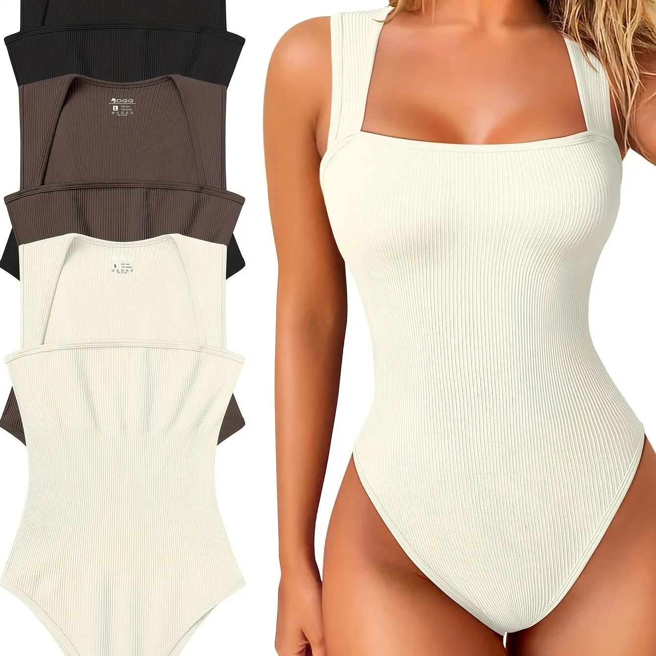 3 Pcs Bodysuits For Women Sexy Ribbed Strappy Square Neck Stretch Tank Tops Bodysuits