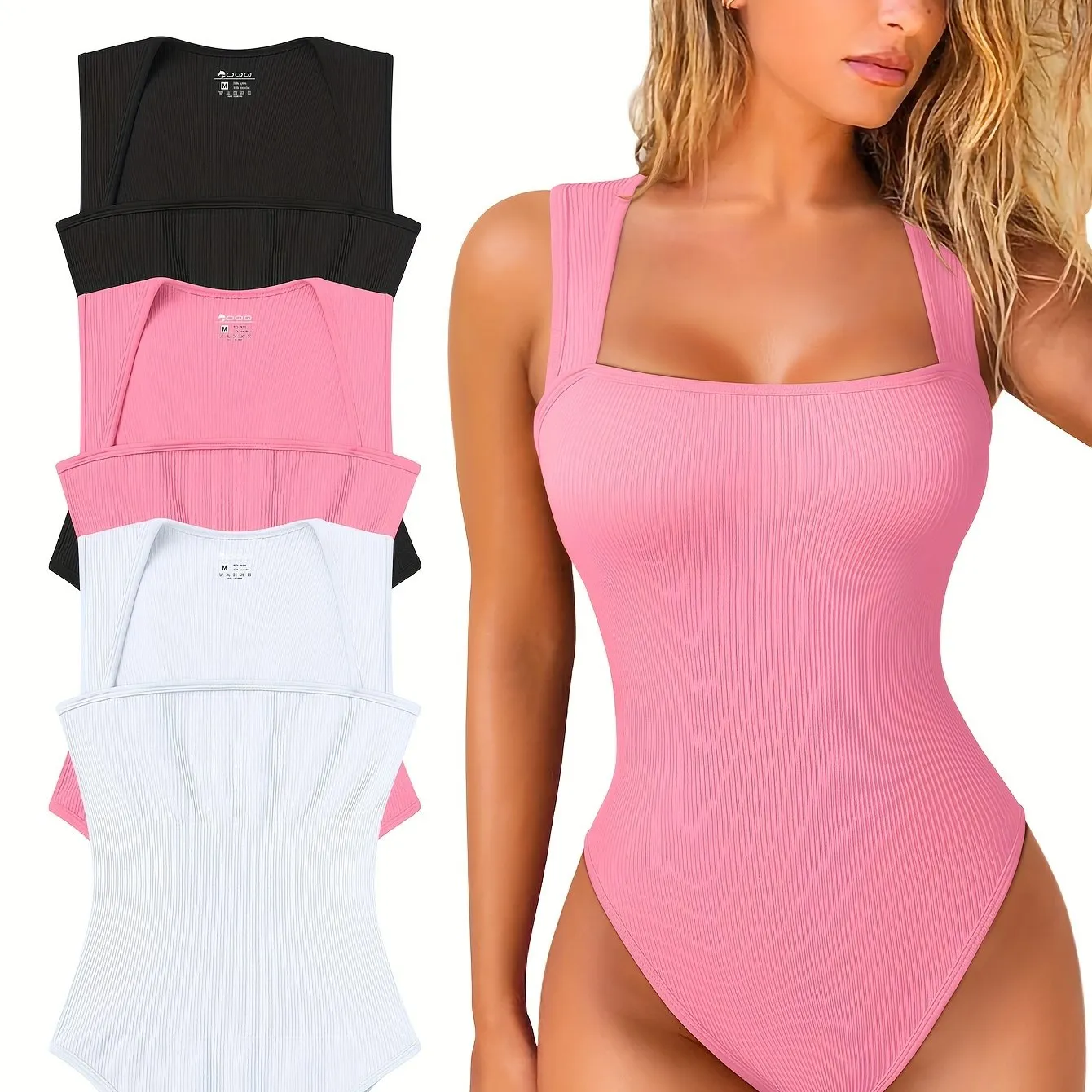 3 Pcs Bodysuits For Women Sexy Ribbed Strappy Square Neck Stretch Tank Tops Bodysuits