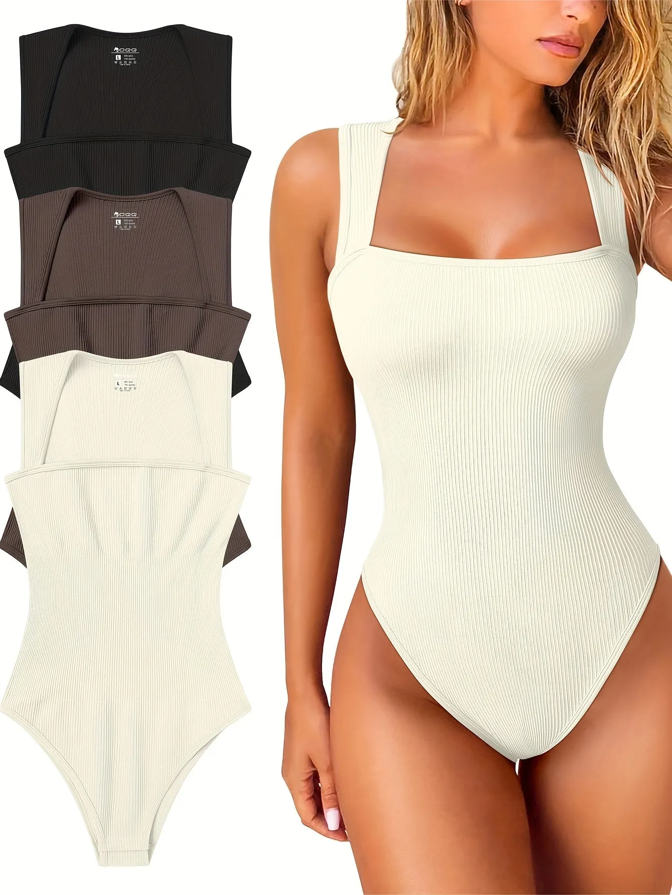 3 Pcs Bodysuits For Women Sexy Ribbed Strappy Square Neck Stretch Tank Tops Bodysuits