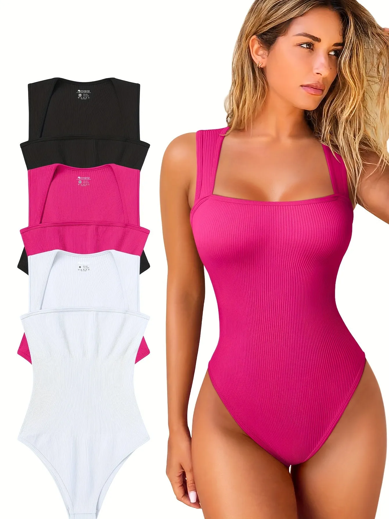 3 Pcs Bodysuits For Women Sexy Ribbed Strappy Square Neck Stretch Tank Tops Bodysuits