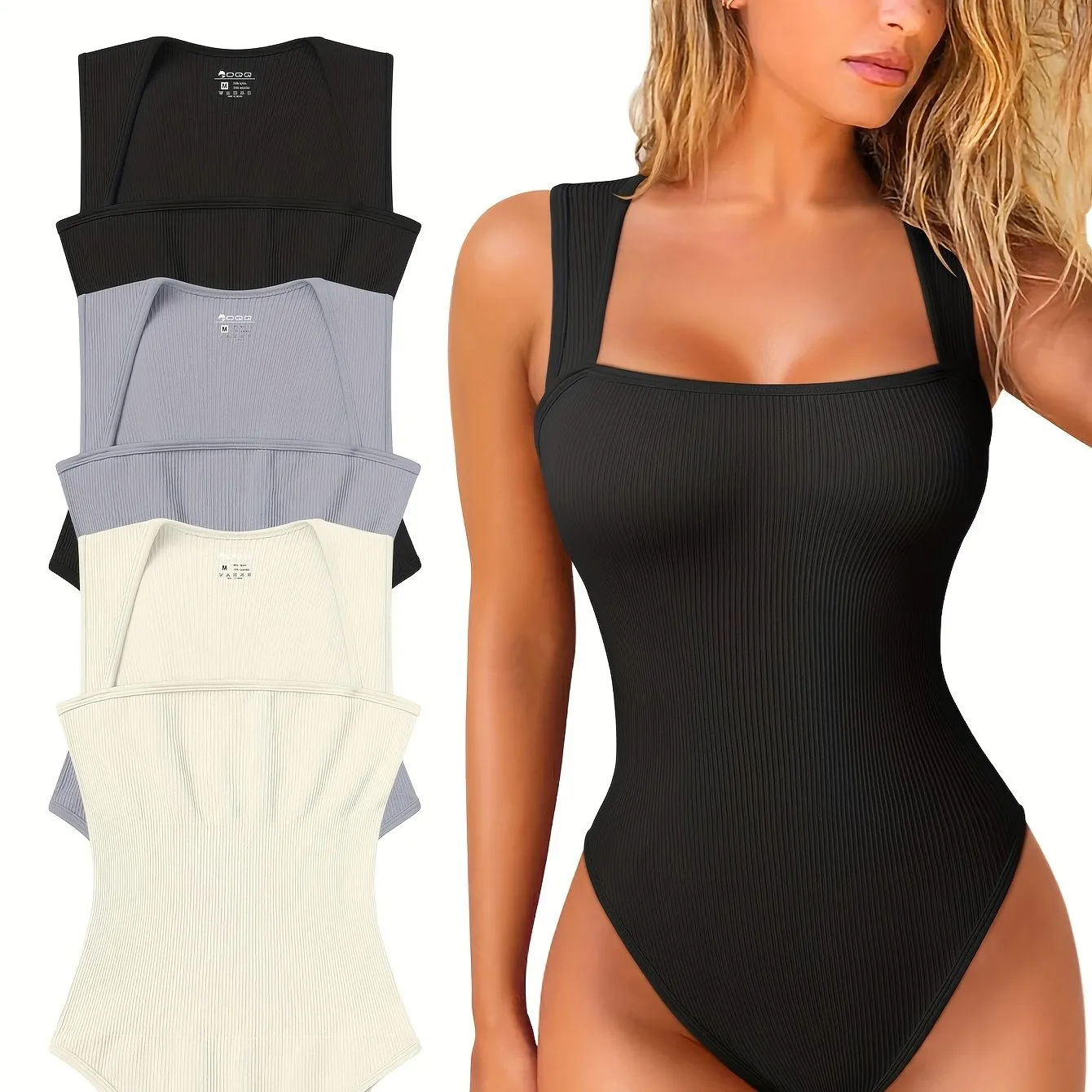 3 Pcs Bodysuits For Women Sexy Ribbed Strappy Square Neck Stretch Tank Tops Bodysuits