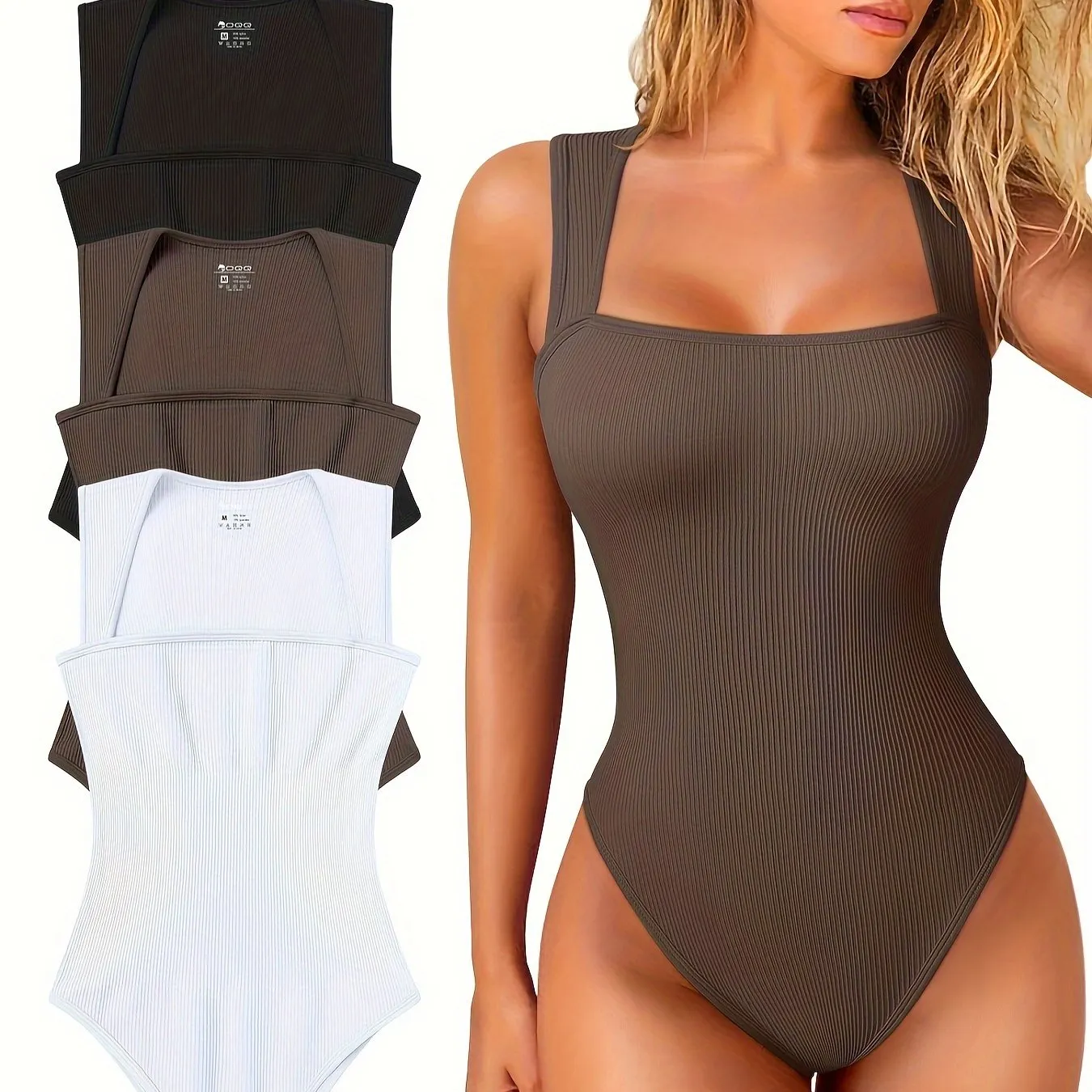 3 Pcs Bodysuits For Women Sexy Ribbed Strappy Square Neck Stretch Tank Tops Bodysuits