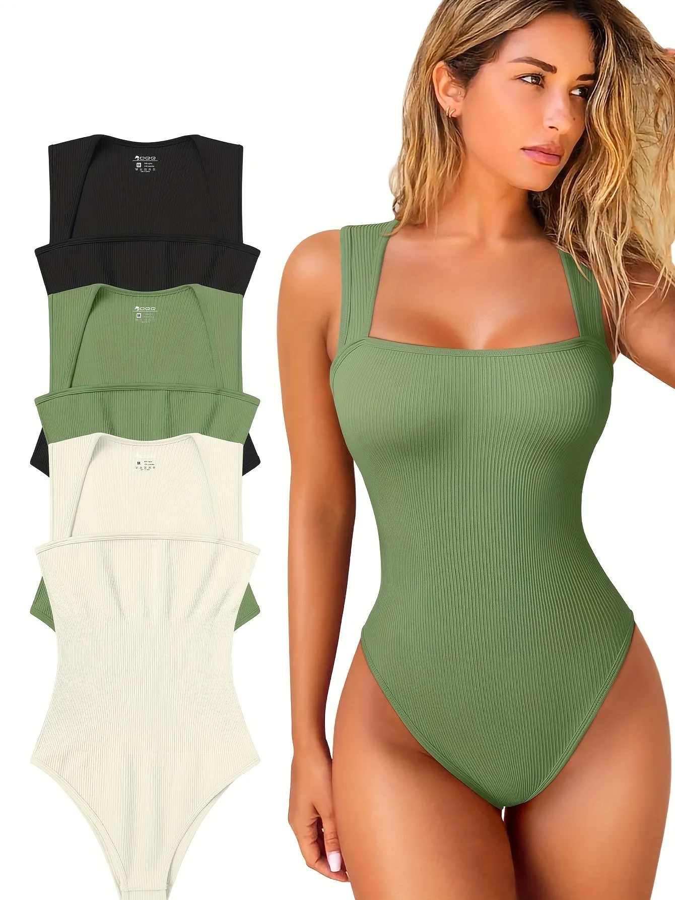 3 Pcs Bodysuits For Women Sexy Ribbed Strappy Square Neck Stretch Tank Tops Bodysuits