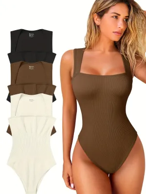 3 Pcs Bodysuits For Women Sexy Ribbed Strappy Square Neck Stretch Tank Tops Bodysuits