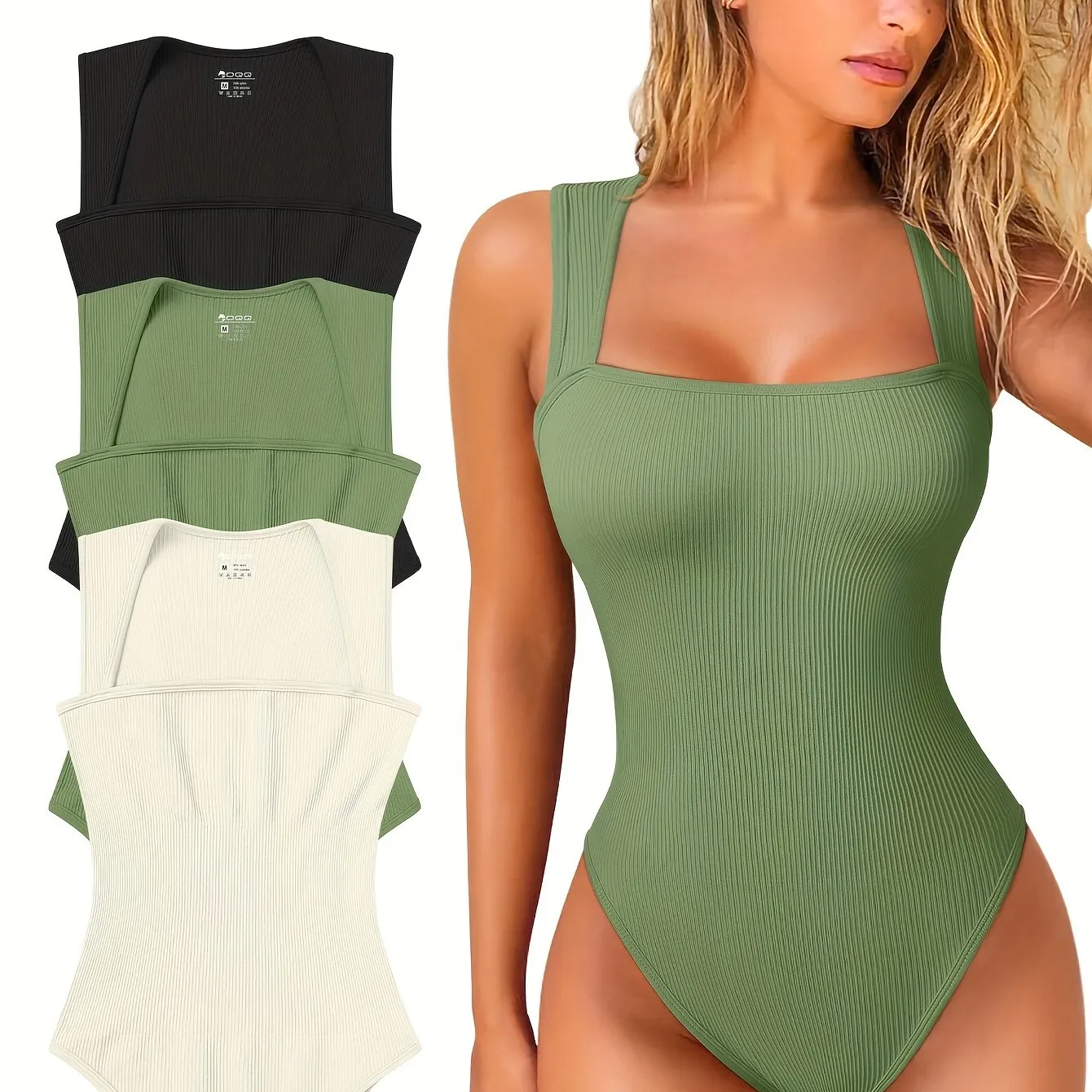 3 Pcs Bodysuits For Women Sexy Ribbed Strappy Square Neck Stretch Tank Tops Bodysuits