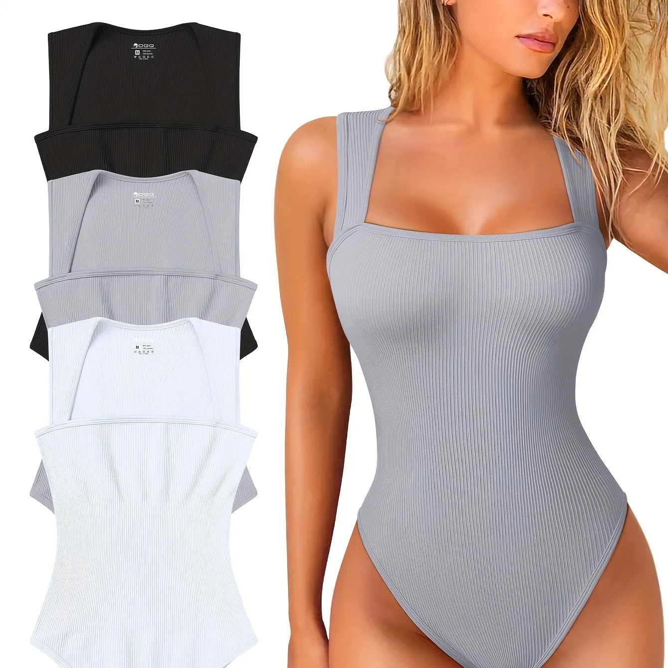 3 Pcs Bodysuits For Women Sexy Ribbed Strappy Square Neck Stretch Tank Tops Bodysuits