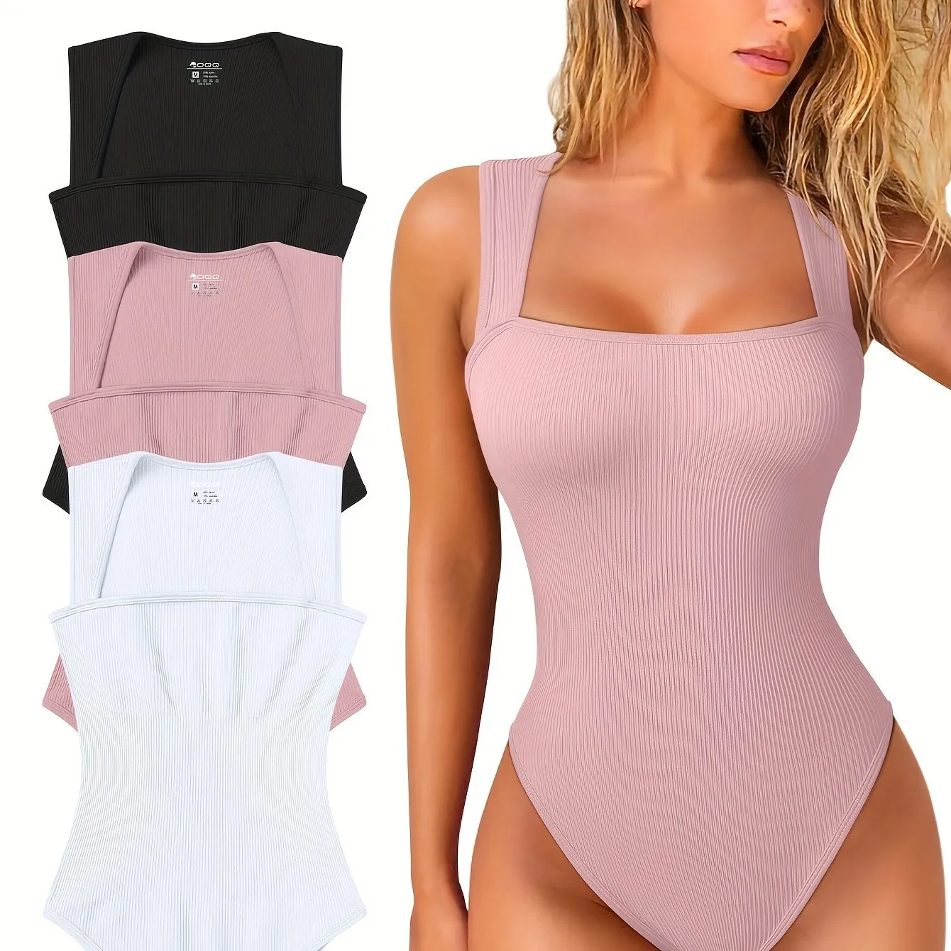 3 Pcs Bodysuits For Women Sexy Ribbed Strappy Square Neck Stretch Tank Tops Bodysuits