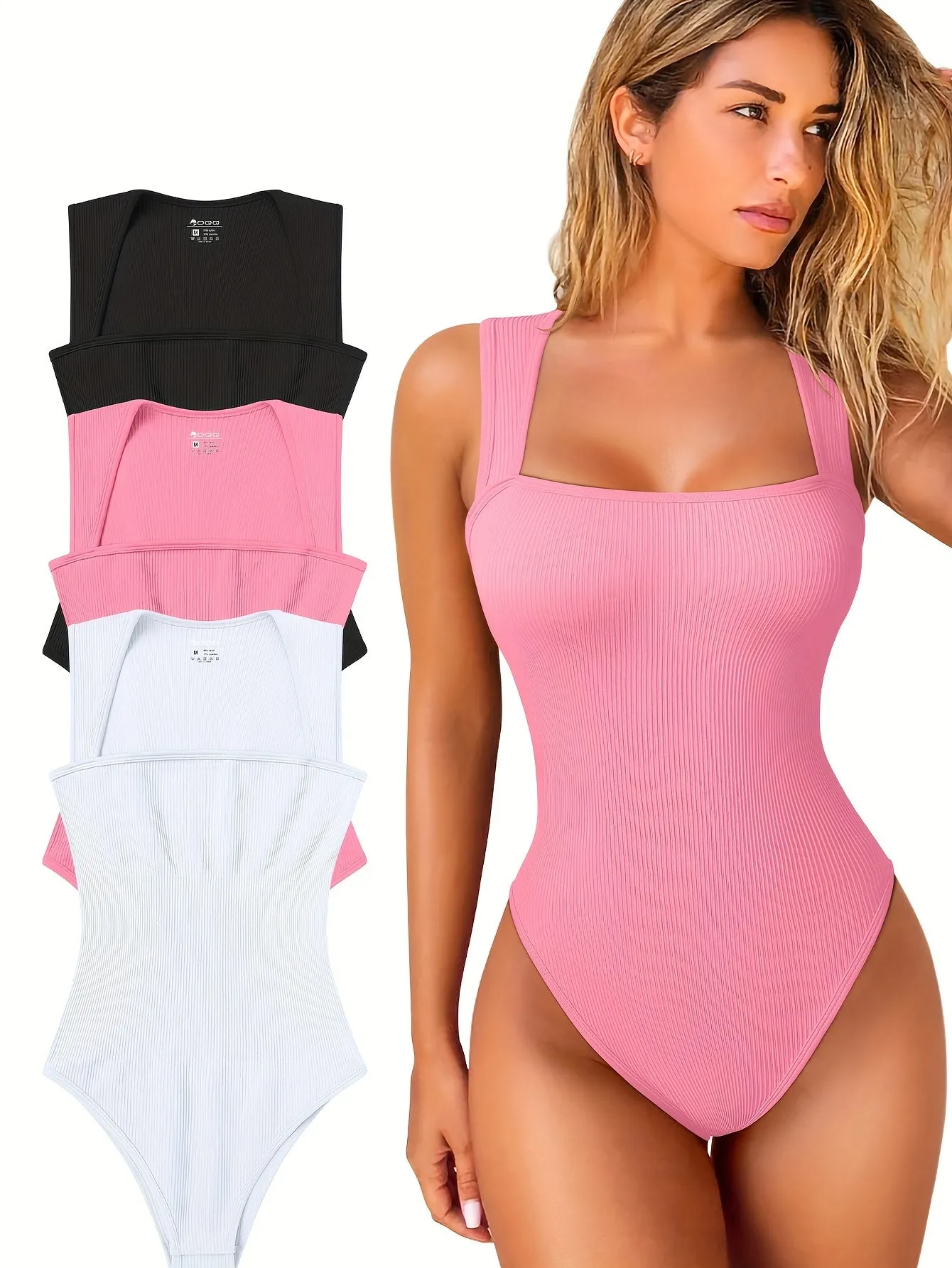 3 Pcs Bodysuits For Women Sexy Ribbed Strappy Square Neck Stretch Tank Tops Bodysuits