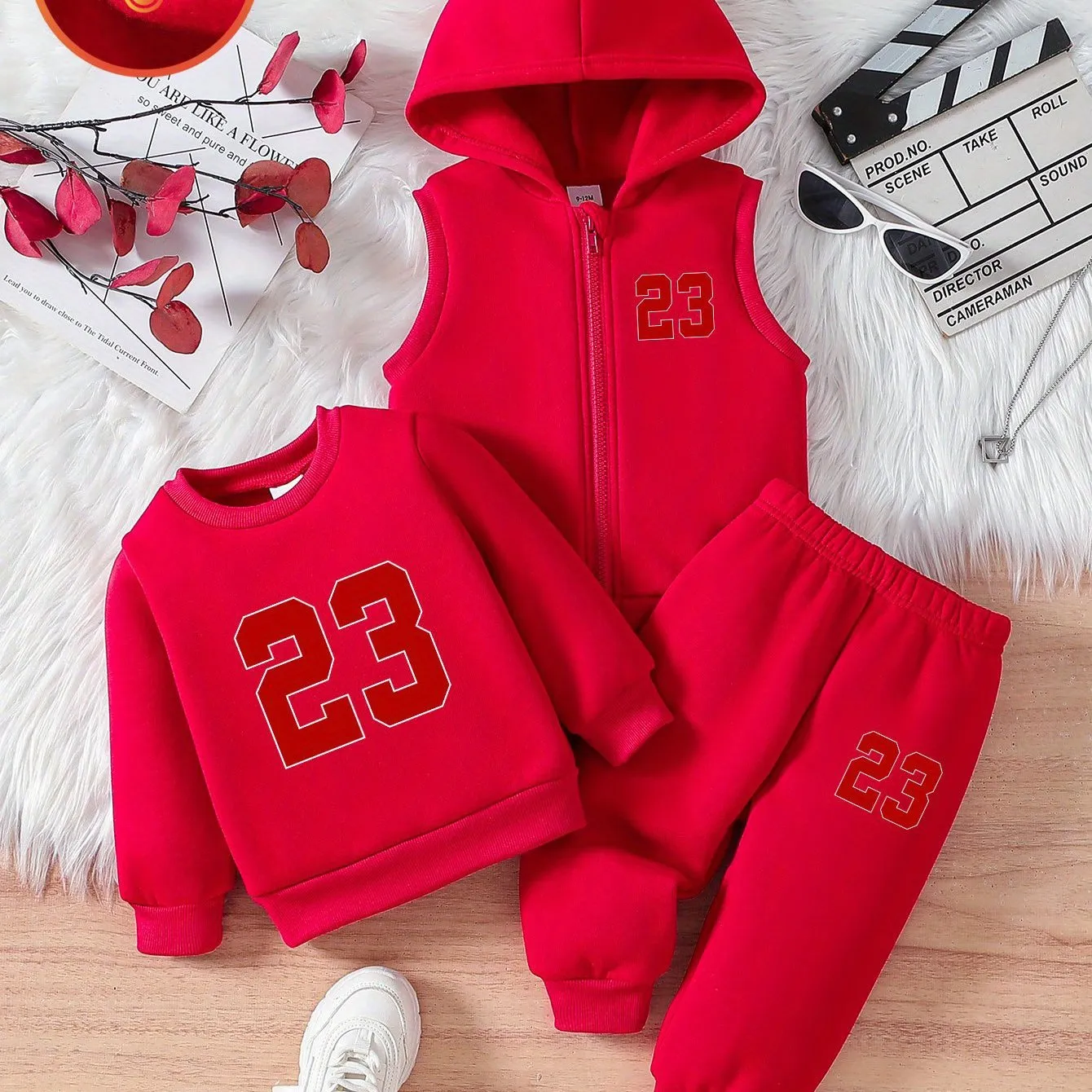 3pcs Baby Boy Fall/Winter Outfit Set - Knit Polyester Pullovers with Number 23 Print, Crew Neck, Long Sleeve, Loose Fit, Casual Style with Applique Detail.