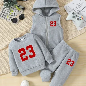 3pcs Baby Boy Fall/Winter Outfit Set - Knit Polyester Pullovers with Number 23 Print, Crew Neck, Long Sleeve, Loose Fit, Casual Style with Applique Detail.