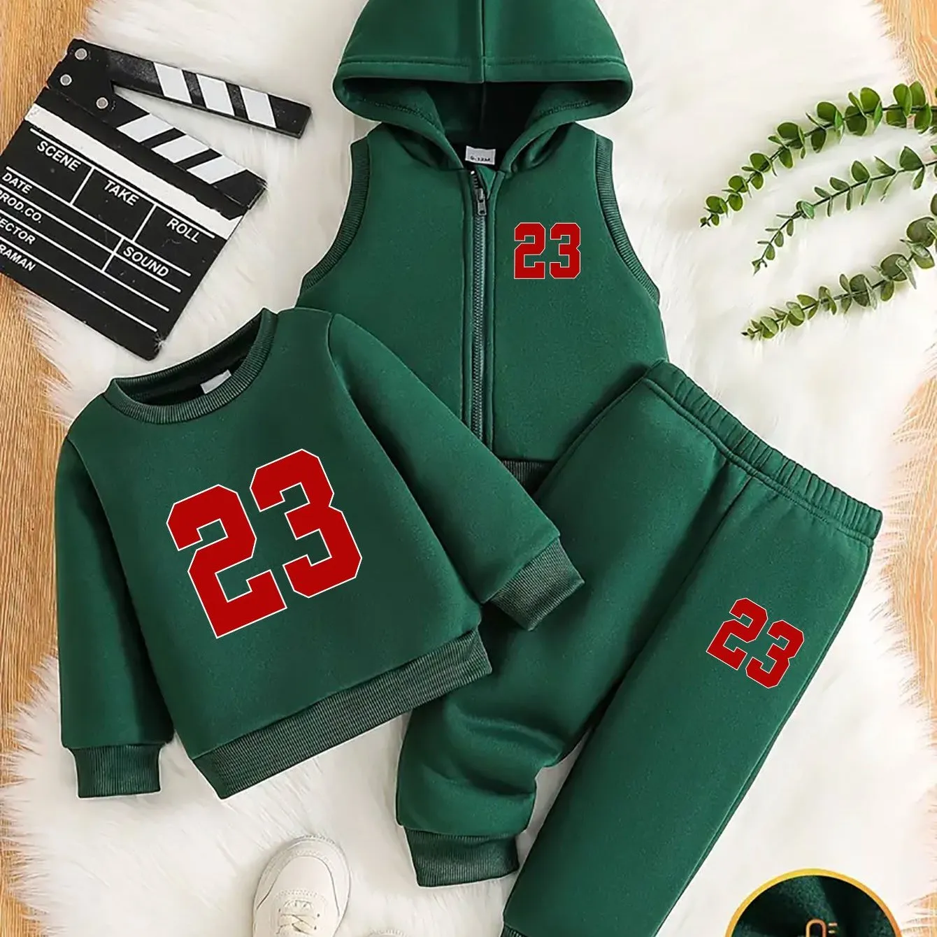 3pcs Baby Boy Fall/Winter Outfit Set - Knit Polyester Pullovers with Number 23 Print, Crew Neck, Long Sleeve, Loose Fit, Casual Style with Applique Detail.