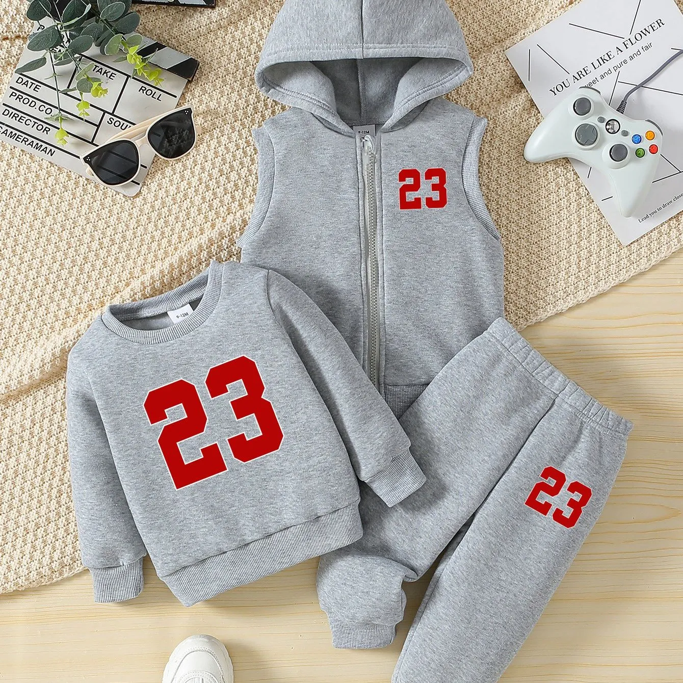3pcs Baby Boy Fall/Winter Outfit Set - Knit Polyester Pullovers with Number 23 Print, Crew Neck, Long Sleeve, Loose Fit, Casual Style with Applique Detail.