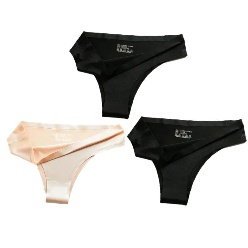 3PCS Women Silk Low-Waist Sexy Panties Set - Thong, Seamless G-String Underwear
