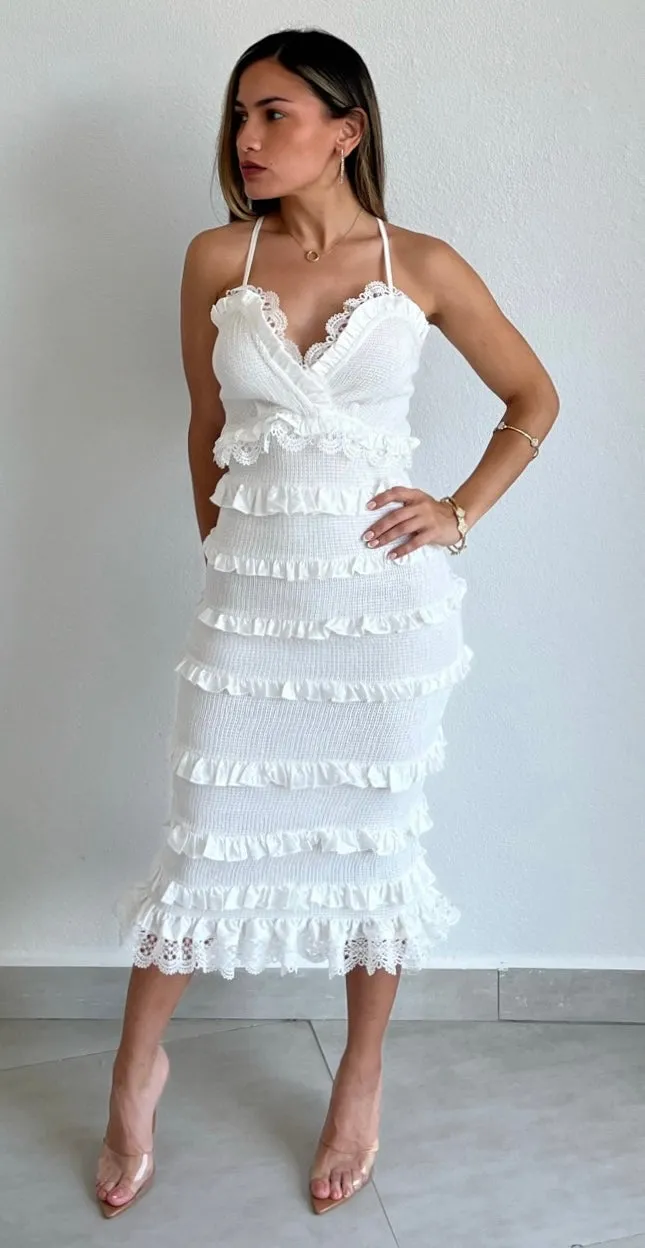 Always Eye-Catching White Ruffled Midi Dress