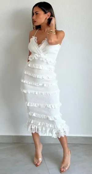 Always Eye-Catching White Ruffled Midi Dress