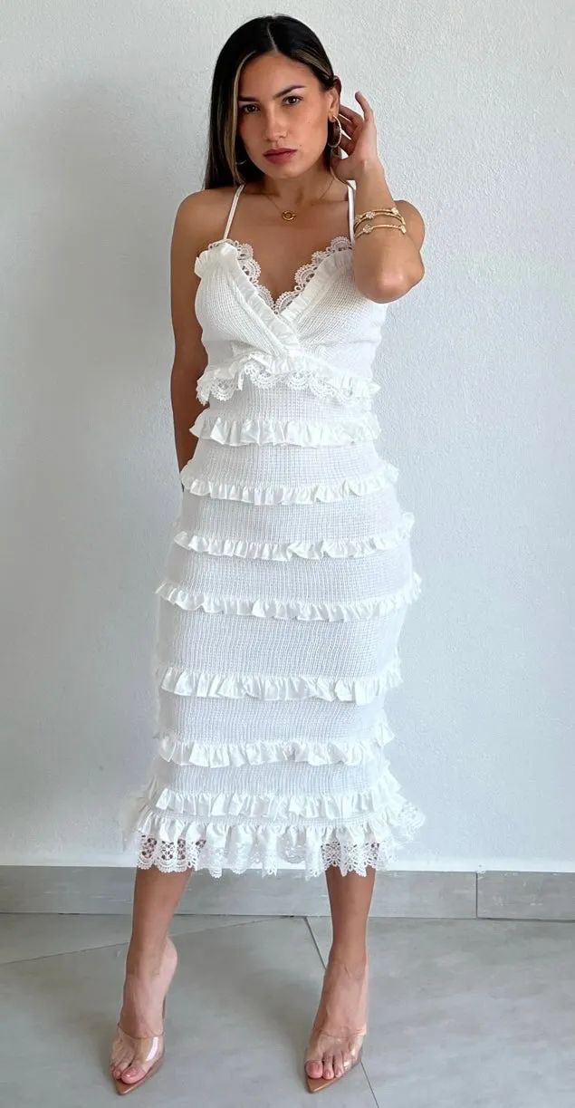 Always Eye-Catching White Ruffled Midi Dress