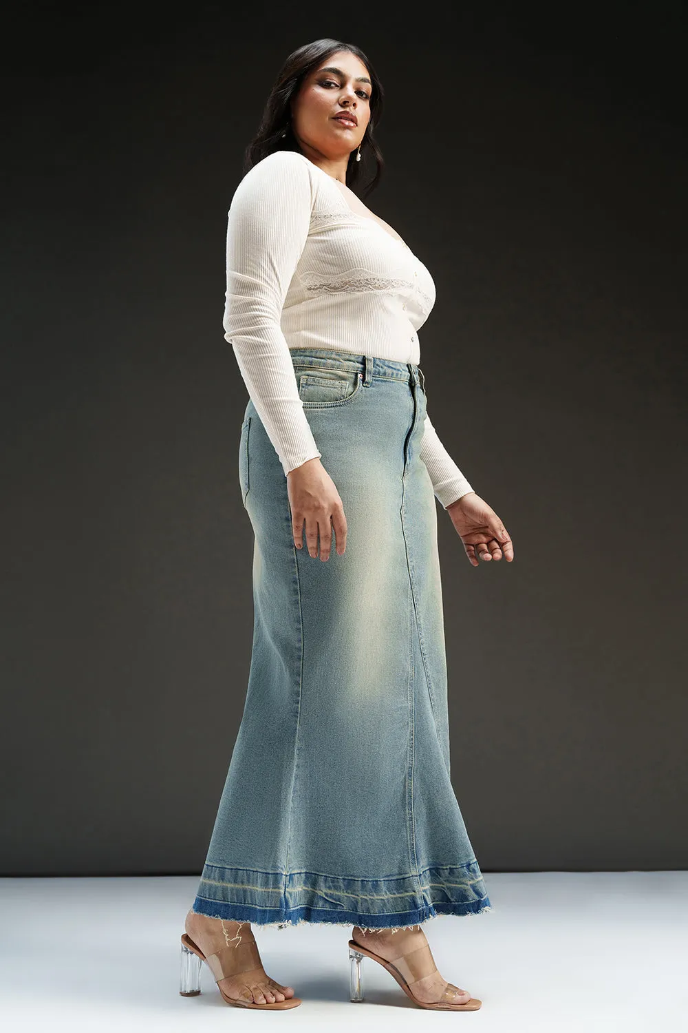 Antique Fade Curve Denim Mermaid Skirt