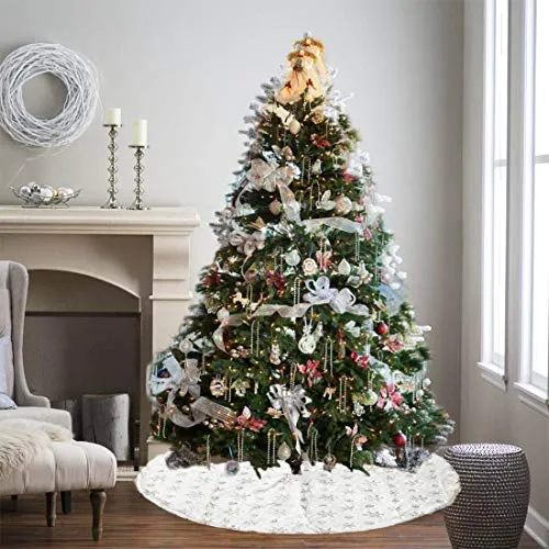 AOGU 48 Inch Sequin Faux Fur Christmas Tree Skirt Decoration for Merry Christmas Party White Plush Gold Sequin Snowflake Xmas Christmas Tree Skirt Decorations