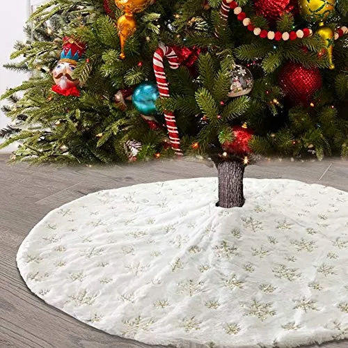 AOGU 48 Inch Sequin Faux Fur Christmas Tree Skirt Decoration for Merry Christmas Party White Plush Gold Sequin Snowflake Xmas Christmas Tree Skirt Decorations