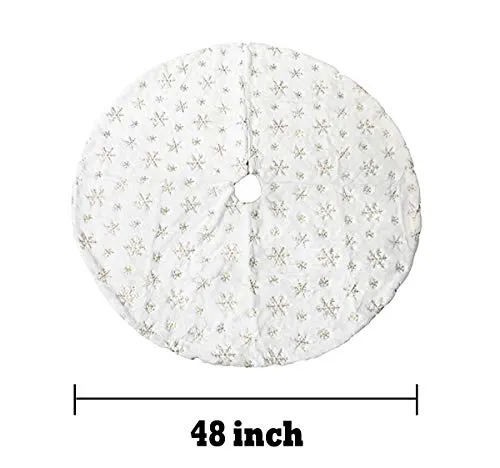AOGU 48 Inch Sequin Faux Fur Christmas Tree Skirt Decoration for Merry Christmas Party White Plush Gold Sequin Snowflake Xmas Christmas Tree Skirt Decorations