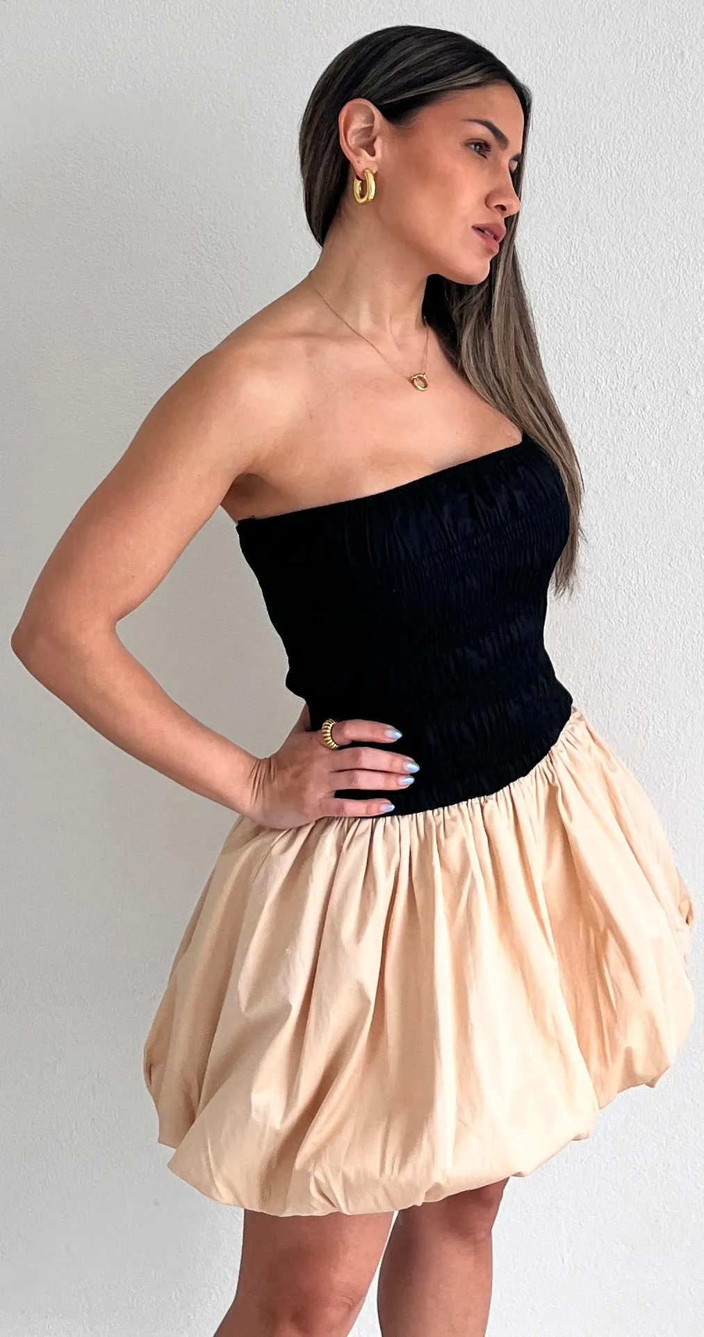 Approachably Adorable Black & Beige Bubble Dress