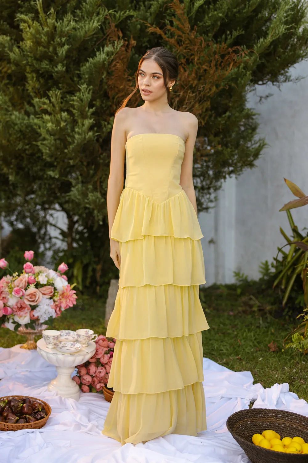 AURORA Strapless Drop Waist Maxi Dress with Layered Skirt (Butter Yellow Chiffon)