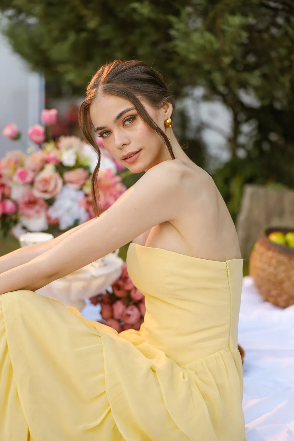 AURORA Strapless Drop Waist Maxi Dress with Layered Skirt (Butter Yellow Chiffon)