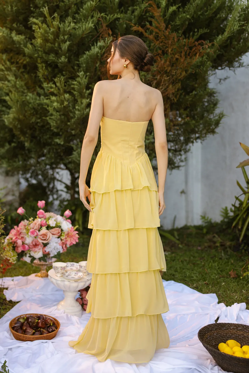 AURORA Strapless Drop Waist Maxi Dress with Layered Skirt (Butter Yellow Chiffon)