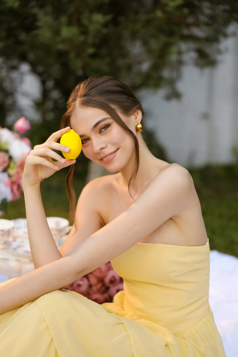 AURORA Strapless Drop Waist Maxi Dress with Layered Skirt (Butter Yellow Chiffon)