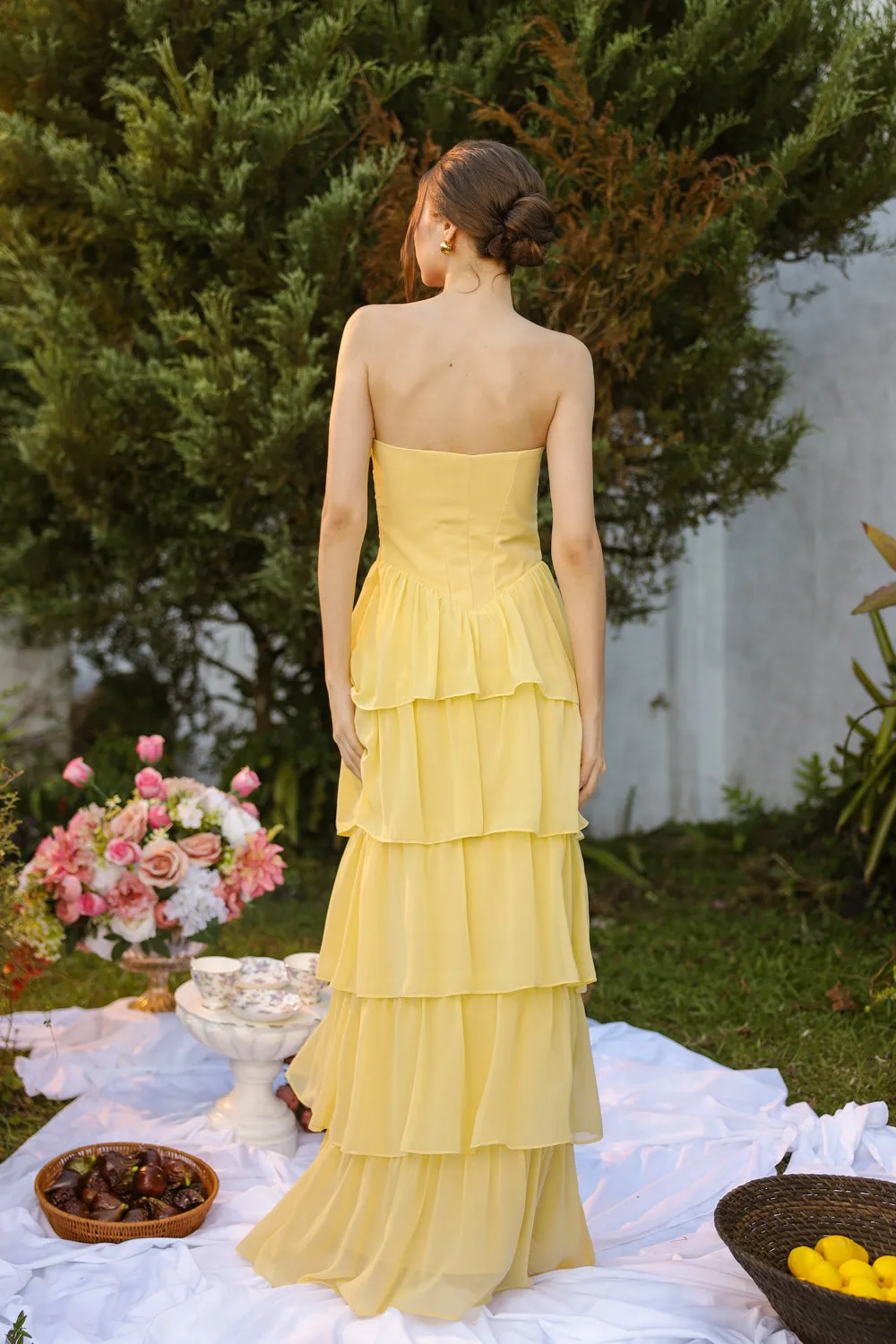 AURORA Strapless Drop Waist Maxi Dress with Layered Skirt (Butter Yellow Chiffon)