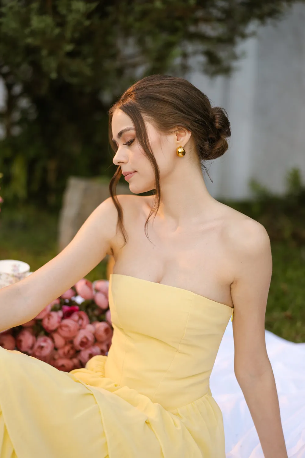 AURORA Strapless Drop Waist Maxi Dress with Layered Skirt (Butter Yellow Chiffon)