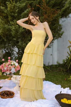 AURORA Strapless Drop Waist Maxi Dress with Layered Skirt (Butter Yellow Chiffon)