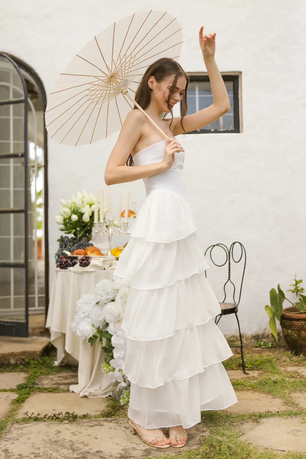 AURORA Strapless Drop Waist Maxi Dress with Layered Skirt (Ivory White Chiffon)