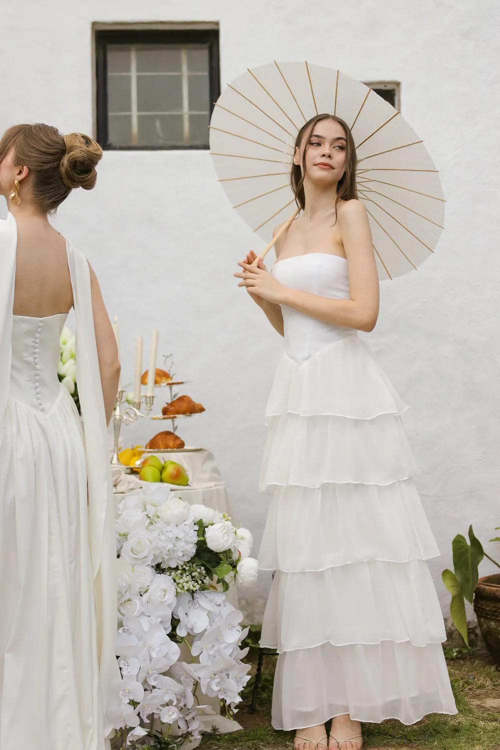 AURORA Strapless Drop Waist Maxi Dress with Layered Skirt (Ivory White Chiffon)