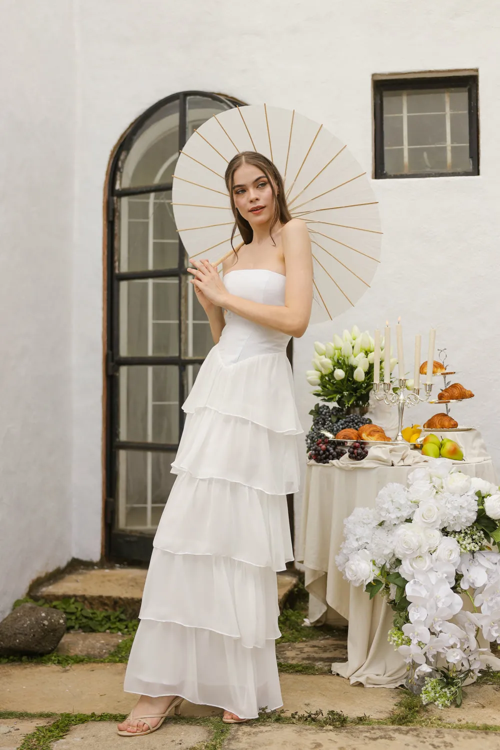 AURORA Strapless Drop Waist Maxi Dress with Layered Skirt (Ivory White Chiffon)