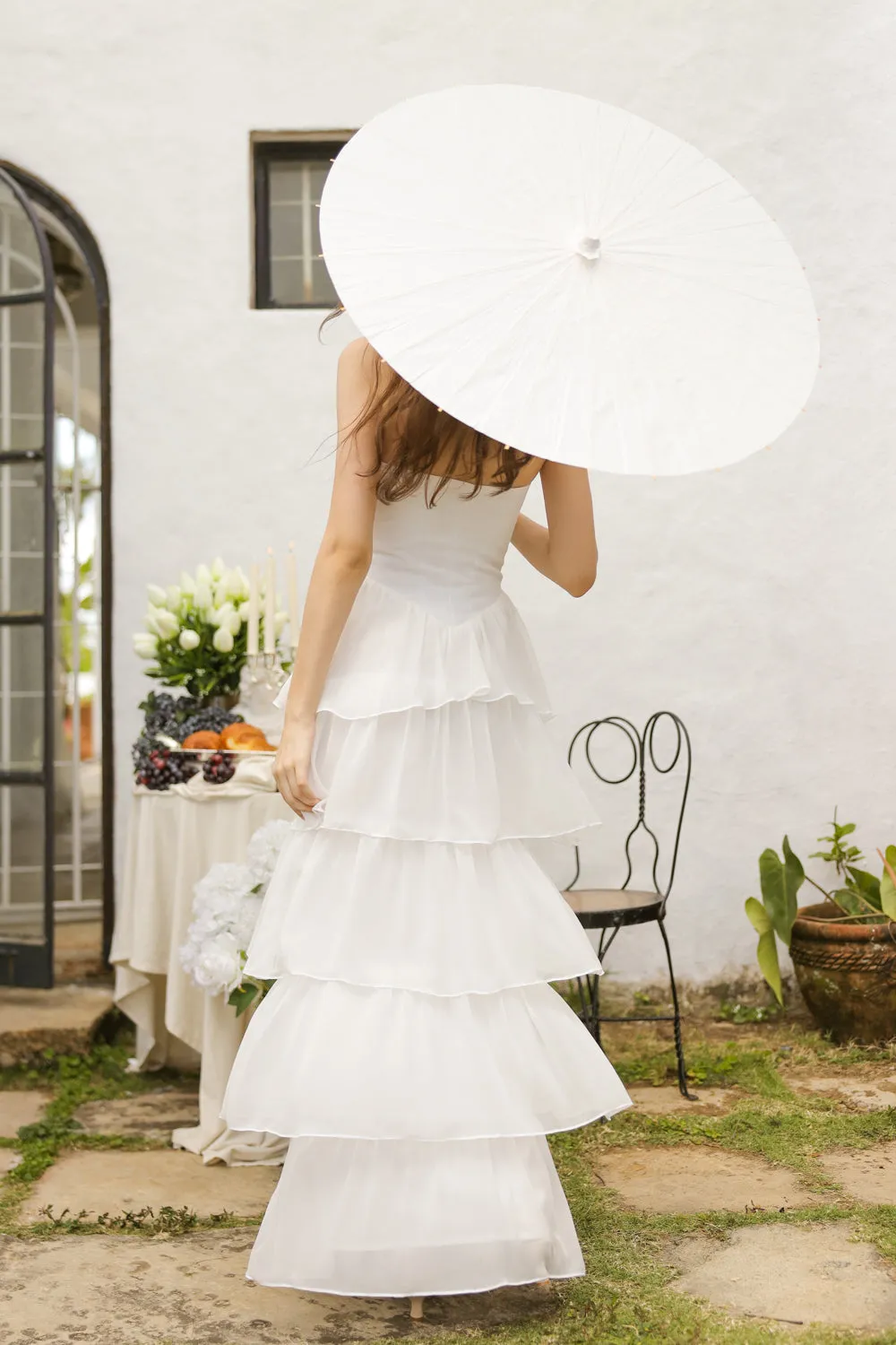 AURORA Strapless Drop Waist Maxi Dress with Layered Skirt (Ivory White Chiffon)