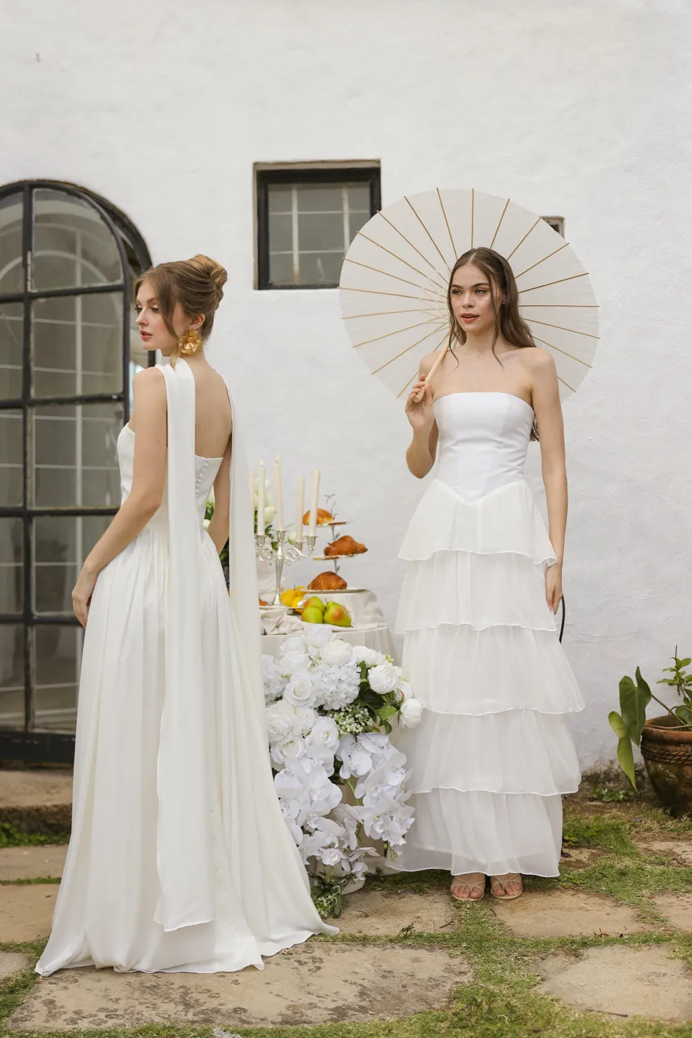 AURORA Strapless Drop Waist Maxi Dress with Layered Skirt (Ivory White Chiffon)