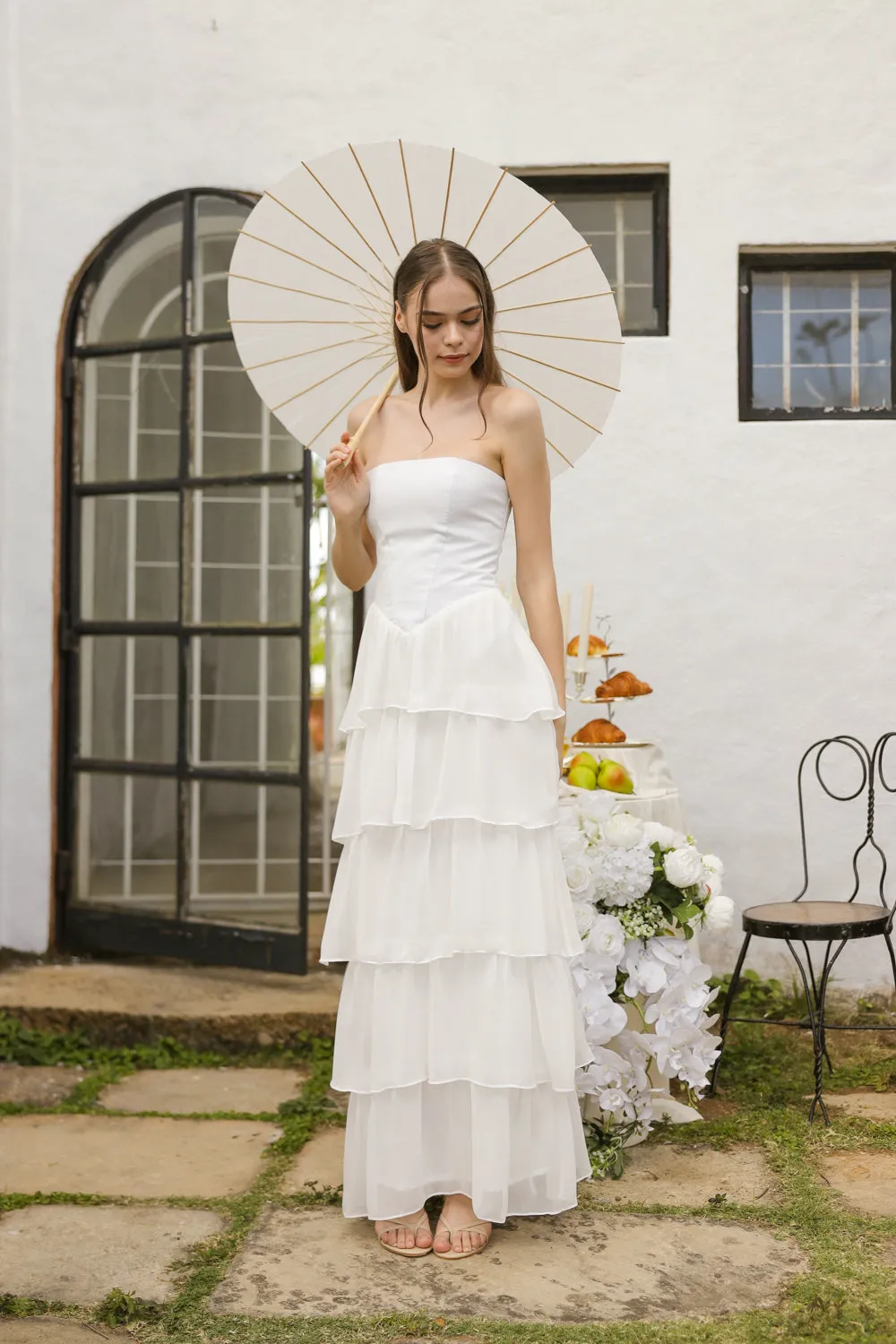 AURORA Strapless Drop Waist Maxi Dress with Layered Skirt (Ivory White Chiffon)