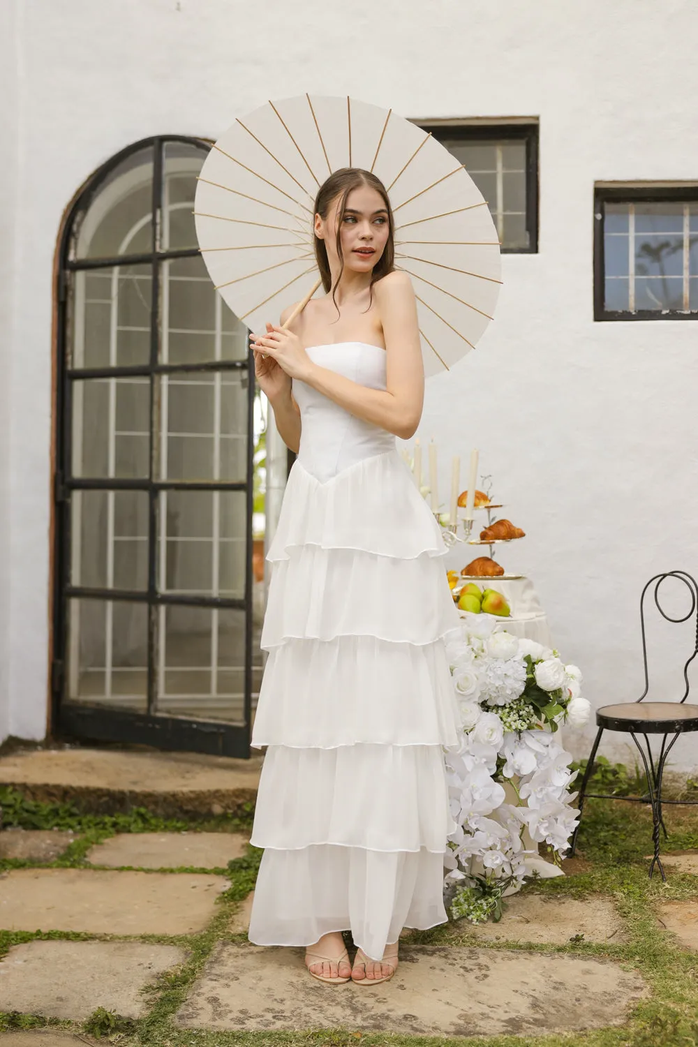 AURORA Strapless Drop Waist Maxi Dress with Layered Skirt (Ivory White Chiffon)
