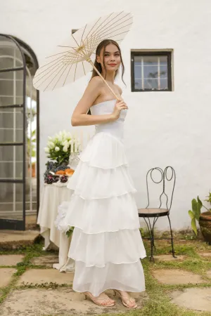 AURORA Strapless Drop Waist Maxi Dress with Layered Skirt (Ivory White Chiffon)