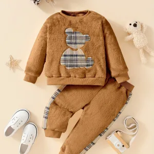 Baby Boys And Girls Long Sleeve Cartoon Stripe Bear Pattern Double-sided Flannel Sweatshirt   Trousers 2pcs Set For Autumn And Winter Outdoor Wear